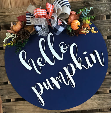 Navy Hello Pumpkin Door Hanger with Greenery