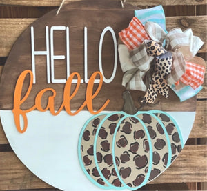 Hello Fall Door Hanger with Leopard pumpkin